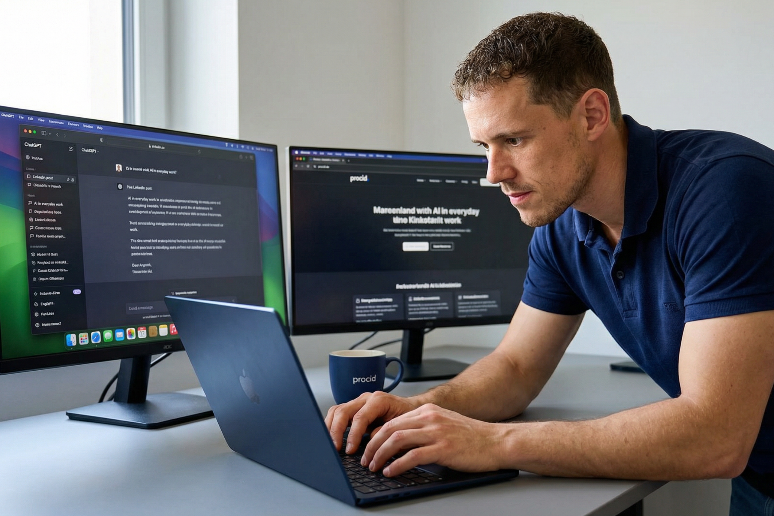 Person arbeitet konzentriert im Homeoffice an einem MacBook Air vor zwei externen Monitoren; links ist ein ChatGPT-Fenster im Dark Mode geöffnet, rechts eine Website, daneben eine blaue Kaffeetasse auf dem Schreibtisch.