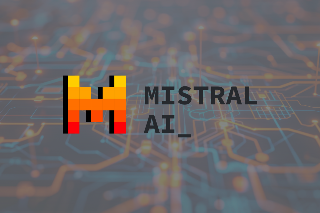 Hero-Banner mit dem farbigen Mistral AI-Logo vor einem abstrakten, grauen Daten- und Netzwerkhintergrund, der digitale Verbindungen und Prozesse andeutet.