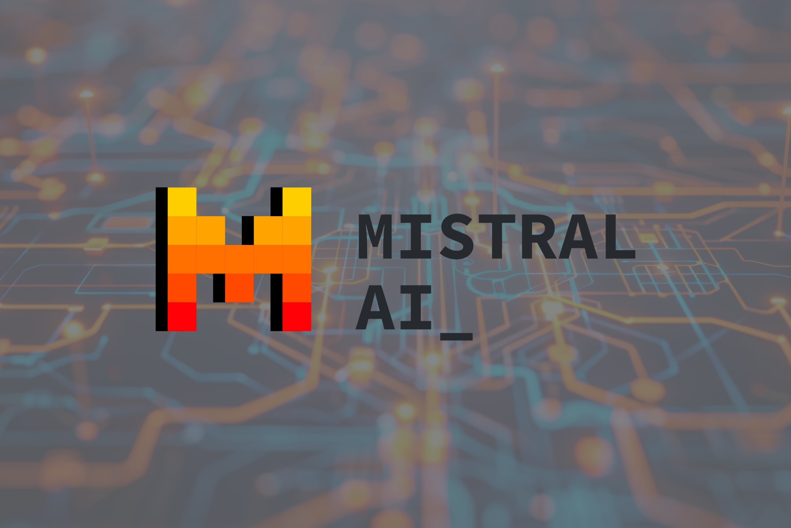 Hero-Banner mit dem farbigen Mistral AI-Logo vor einem abstrakten, grauen Daten- und Netzwerkhintergrund, der digitale Verbindungen und Prozesse andeutet.