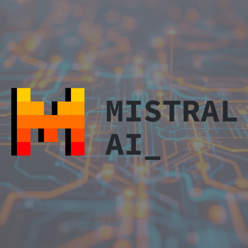 Hero-Banner mit dem farbigen Mistral AI-Logo vor einem abstrakten, grauen Daten- und Netzwerkhintergrund, der digitale Verbindungen und Prozesse andeutet.